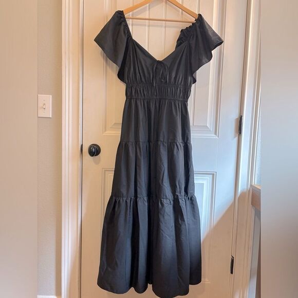 Entro Black Off-Shoulder Poplin Maxi Sundress Tiered with pockets - Picture 2 of 11